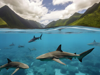 Sharks swimming in blue ocean. AI generated