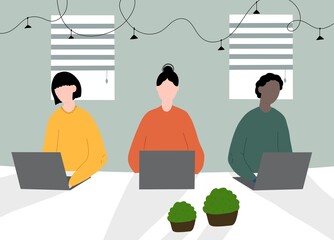 People at computers. Workflow. A man works at his laptop.