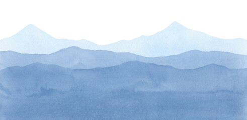 Watercolor illustration of a panoramic view of the winter, snowy mountains. Landscape of blue mountain peaks. Drawn by hand. Template for poster, design, decoration with place for text.