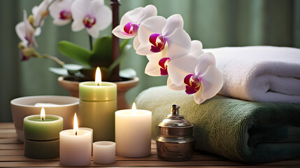 Fototapeta na wymiar Spa table with candles, towels and orchids.