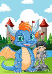 Naklejka premium Cute Dragon with Knight Standing in Front of Castle