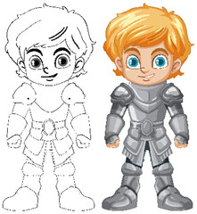 Cartoon knight boy cartoon character with doodle outline for colouring