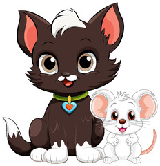 Cute Cat with Mouse in Cartoon Style