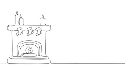 Continuous line Christmas fireplace art. Single line Christmas decor concept. Line art, outline, banner in minimalism style. Vector illustration