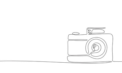 Continuous line camera art. Single line photo camera concept. Line art, outline, banner in minimalism style. Vector illustration