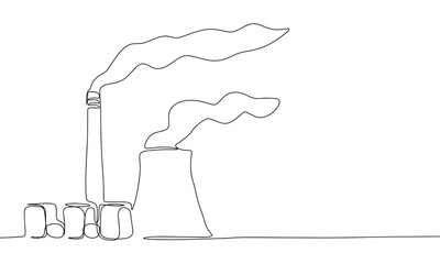Continuous line factory art. Single line pollution air concept. Line art, outline, banner in minimalism style. Vector illustration © clelia-clelia