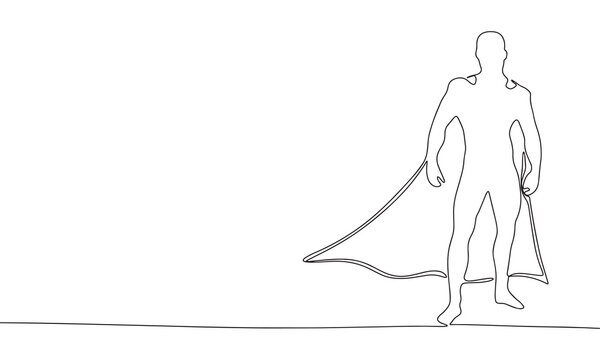 Continuous line silhouette man as superhero art. Single line superhero concept. Line art, outline, banner in minimalism style. Vector illustration
