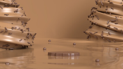 World Chocolate Day Concept - Product showcase on the chocolate sea on brown background