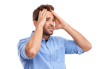 Sad, angry and stress of man frustrated with problem isolated on a transparent png background....