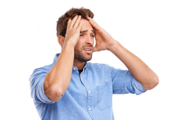 Sad, angry and stress of man frustrated with problem isolated on a transparent png background. Anger, depression and male person with mistake, fail emoji and financial crisis for debt, tax or audit.