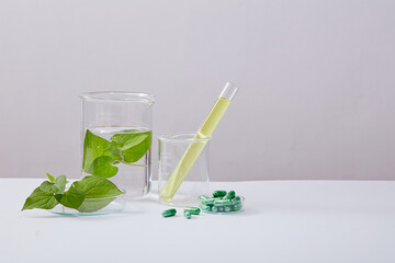A beaker of water and fresh fish mint leaves arranged with a test tube of liquid and green capsules. Product extracted from Fish mint (Houttuynia cordata) can be displayed on blank space