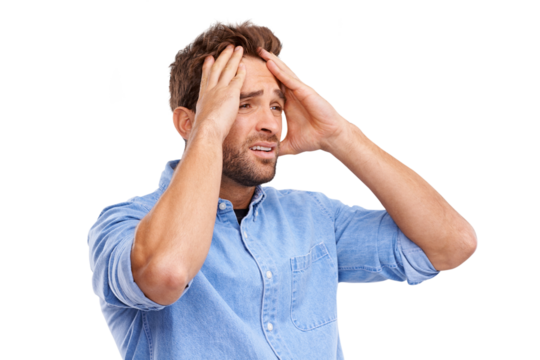 Sad, angry and stress of man frustrated with problem isolated on a transparent png background. Anger, depression and male person with mistake, fail emoji and financial crisis for debt, tax or audit.