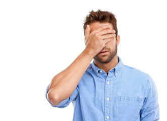 Mistake, fail and hand on face of man on isolated, transparent and png background. Wrong, oops and male person with facepalm emoji for frustrated, crisis or stress, anxiety or guilt from bad decision