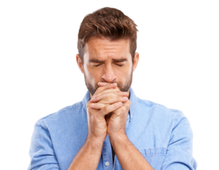 Worried, anxiety and man with fear or scared with stress expression isolated in a transparent or png background. Uncertain, closed eyes and person feeling anxious and thinking of problem and ashamed