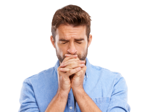 Worried, anxiety and man with fear or scared with stress expression isolated in a transparent or png background. Uncertain, closed eyes and person feeling anxious and thinking of problem and ashamed