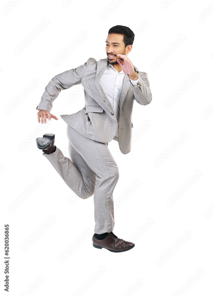 Sticker Running, jumping or businessman late for work or sprinting in the air hurry for appointment in workplace. Corporate, time management and Asian male entrepreneur isolated on transparent png background