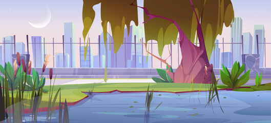 Swamp in early morning city park with reed and grass cartoon vector. Water pond near metal fence at sunrise environment nature scenery. Outdoor panoramic landscape with crescent and urban skyline