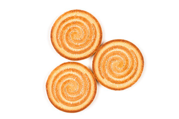 Obraz na płótnie Canvas Three round biscuits on a white background. Sweet biscuits isolated on a white background.