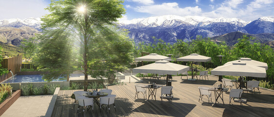 Outdoor Terrace-Restaurant Area with  a Swimming Pool and Gorgeous Mountain View - panoramic 3D Visualization