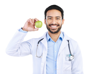 Apple, doctor and health with portrait of man on png for nutrition, medical and diet. Healthcare, medicine and food with face of person and fruit isolated on transparent background for wellness
