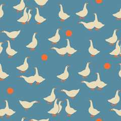 Goose birds funny seamless pattern. Summer farm birds vector illustration.