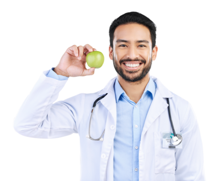 Apple, doctor and health with portrait of man on png for nutrition, medical and diet. Healthcare, medicine and food with face of person and fruit isolated on transparent background for wellness