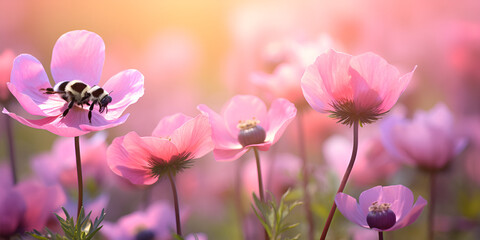 Fototapeta na wymiar Soft and Dreamy Cosmos Background Selective Focus: Beautiful Blurry Flowers Colorful Plants for Vibrant Backgrounds AI Generated