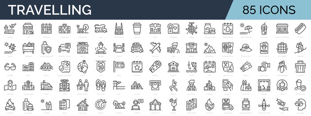 Set of 85 line icons related to vacation, recreation, leisure, travel, entertainment. Outline icon collection. Editable stroke. Vector illustration
