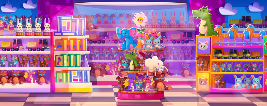 Toy store interior with shelves cartoon background. Magic vector carousel shelf showcase with kid gift collection. Business kids supermarket inside illustration, toyshop for happy children