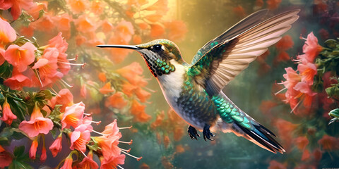 AI Generated Hummingbird Sucks Nectar from Flower
Beautiful Hummingbird Extracting Nectar from Flower
Morning Scene: AI-Generated Hummingbird and Flower