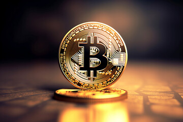 Golden Bitcoin on dark background. Virtual money. Generative Ai content