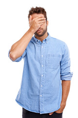 Fail, mistake and hand on face of man on isolated, transparent and png background. Wrong, oops and...