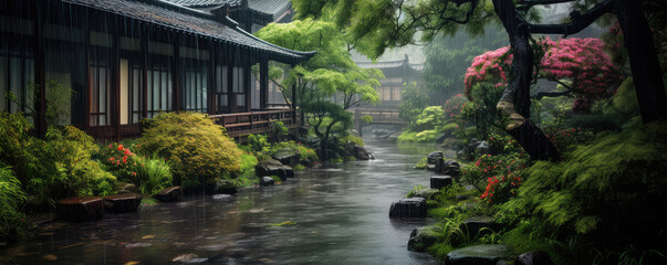 Fototapeta na wymiar Japanese garden in the rain. Hand edited generative AI.