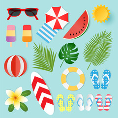 Set of decorative summer elements,  travel, beach, summertime accessory. Cocktails, ice cream and fruits vector illustration.