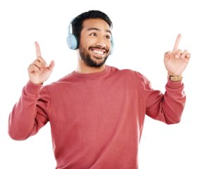 Music, dance and smile with man and headphones on png for streaming, radio and energy. Online, disco and technology with person dancing isolated on transparent background for party, media and freedom