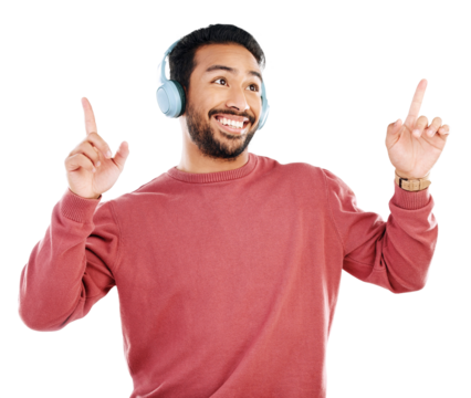 Music, dance and smile with man and headphones on png for streaming, radio and energy. Online, disco and technology with person dancing isolated on transparent background for party, media and freedom