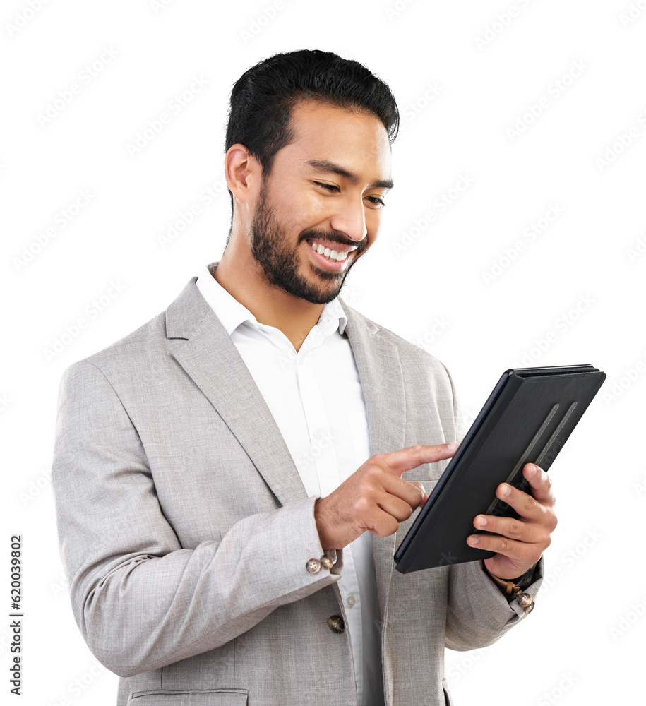 Poster News, social media or happy businessman with tablet for email communication or online research on website. Digital, smile or Asian trader on internet to scroll isolated on transparent png background