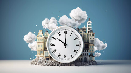alarm clock on fluffy white clouds and black background, time management concept, time of life, relax time to travel, deadline, generative ai