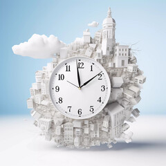 alarm clock on fluffy white clouds and black background, time management concept, time of life, relax time to travel, deadline, generative ai