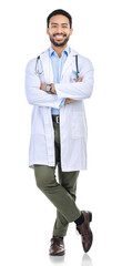 Healthcare, medical and portrait of doctor confident and happy for medicine and isolated in...