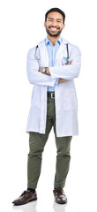 Medical, professional and portrait of doctor happy for healthcare and isolated in transparent or...