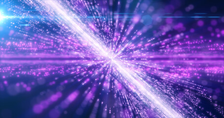 Abstract purple energy hi-tech lines and digital particles fly in a tunnel with bokeh effect glowing background