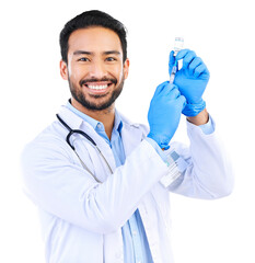Portrait, doctor and happy man with syringe for vaccine, healthcare and isolated on transparent png...