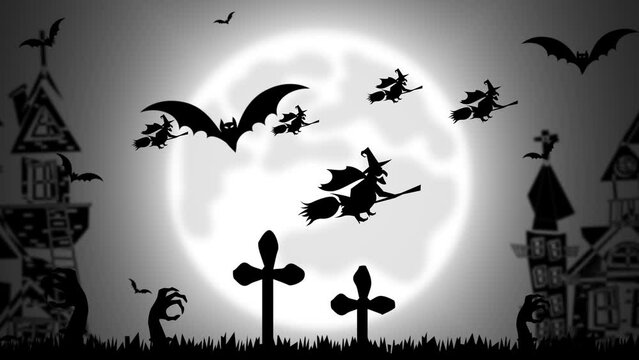  hags flying on broomsticks along with bats and a big moon in the background. Buildings on the edge of the screen and hands of zombies from the ground shake the wheel of the holiday