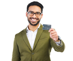 Happy, credit card or portrait of businessman with financial freedom isolated on transparent png...