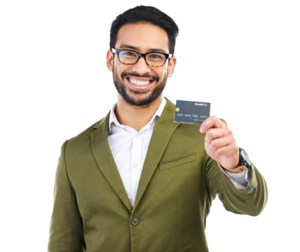 Happy, credit card or portrait of businessman with financial freedom isolated on transparent png background. Smile, finance or proud Asian investor with investment security, banking savings or budget