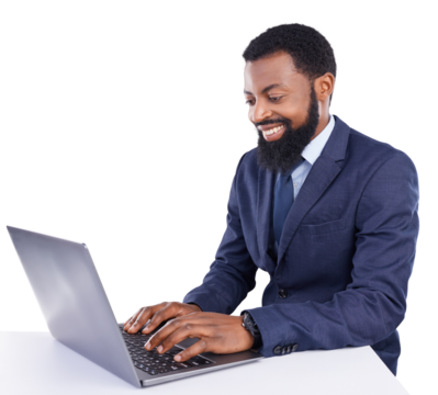 African business man, isolated and typing with laptop, smile and planning for investment by transparent png background. Happy businessman, computer and reading with focus, thinking or excited at desk