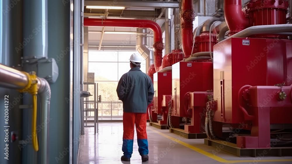 Poster mechanical service engineer worker at industrial with checking compressor station , created with gen