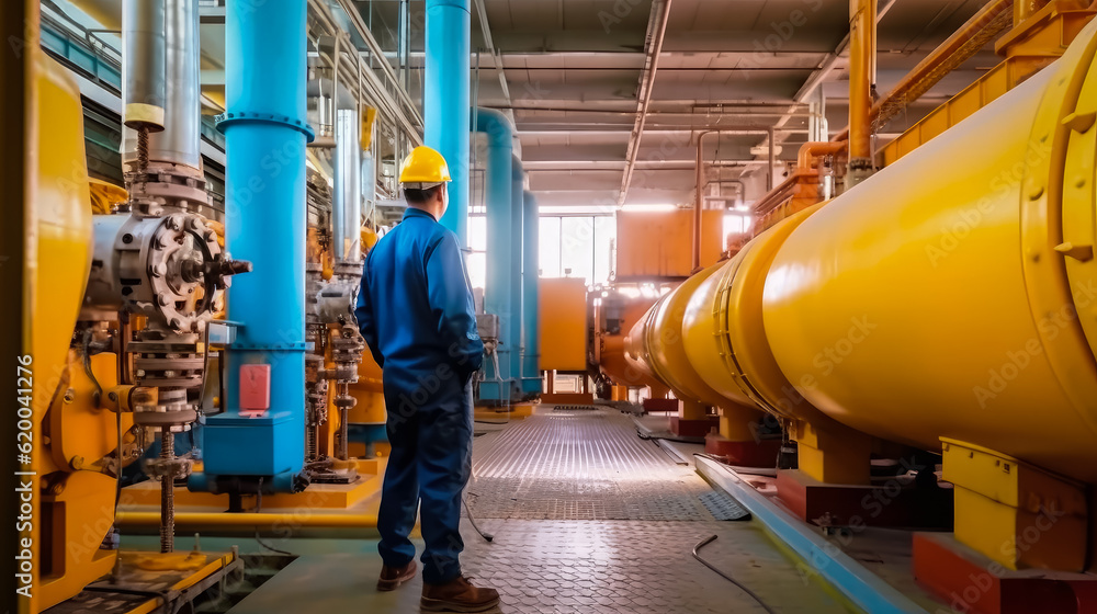 Poster mechanical service engineer worker at industrial with checking compressor station , created with gen