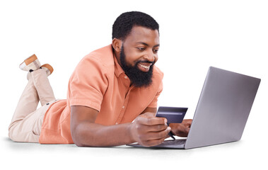 Black man, credit card and laptop, e commerce and payment with fintech isolated on png transparent...